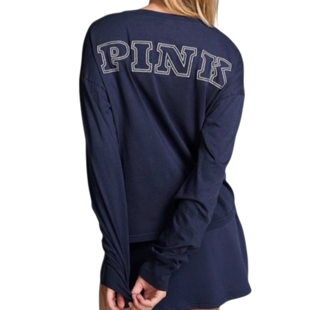 Victoria's Secret Pink‎ Ace Cotton V Neck Long Sleeve Logo Tee Navy Blue Large